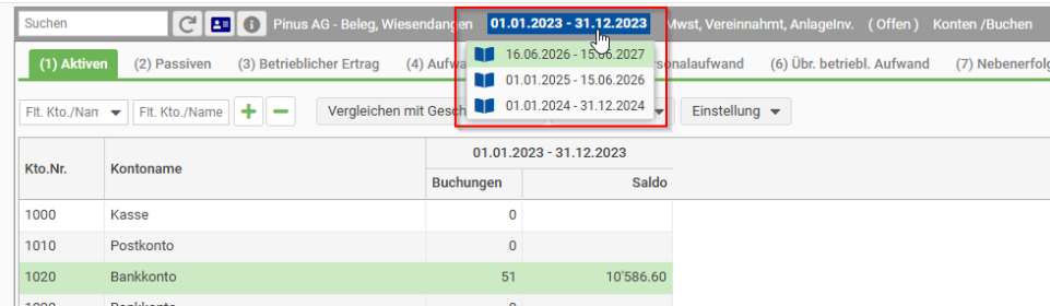 Durch Klick auf das Geschäftsjahr kann dieses gewechselt werden.