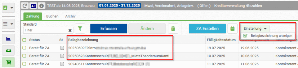 In der Kreditorenverwaltung kann die Belegbezeichnung von angehängten Dokumenten eingeschaltet werden.