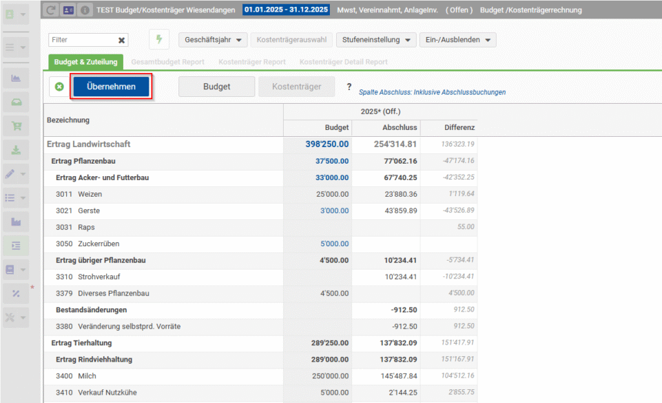 Speichern Sie die definitive Budgetwerte mit Übernehmen.