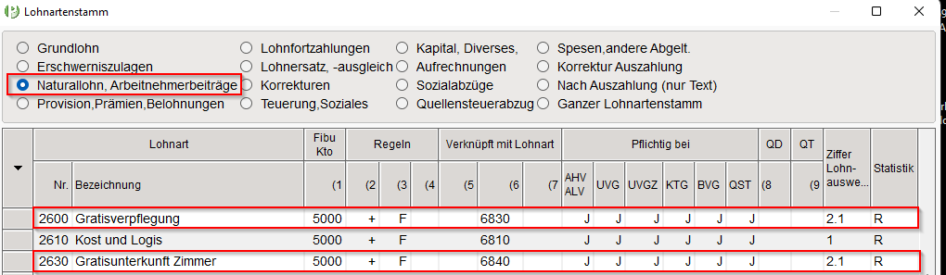 Einstellung Lohnarten - Gratisverpflegung / Gratisunterkunft Zimmer (LOA 2600 + 2630 Rubrik Naturallohn)