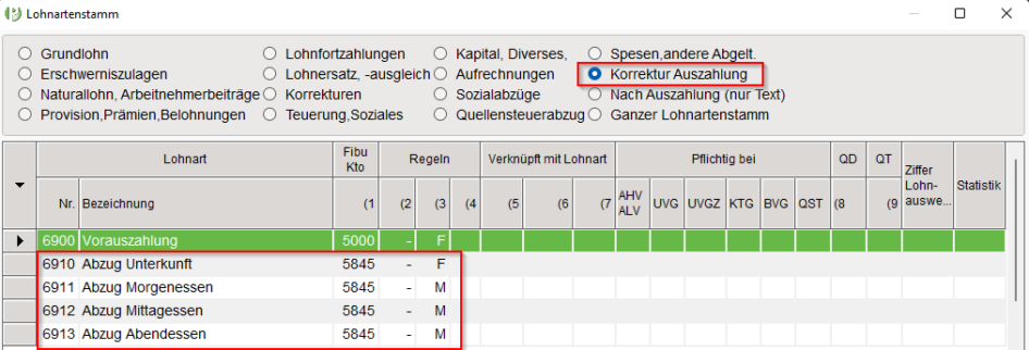 Einstellungen Lohnarten - Abzüge Kost und Logis detailliert (Rubrik Korrektur Auszahlung)