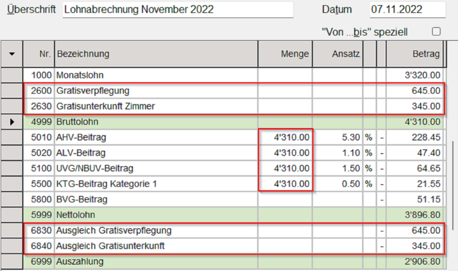 Lohnabrechnung – Gratisverpflegung und Gratisunterkunft Zimmer (Variante 2)