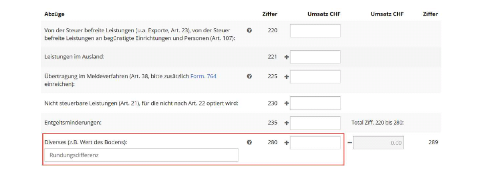 Deklaration Umsatzdifferenz Ziffer 280 Saldosteuersatzmethode