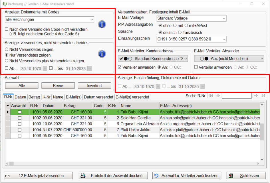 Dokumente versenden in Massen via E-mail - Pinus Faktura