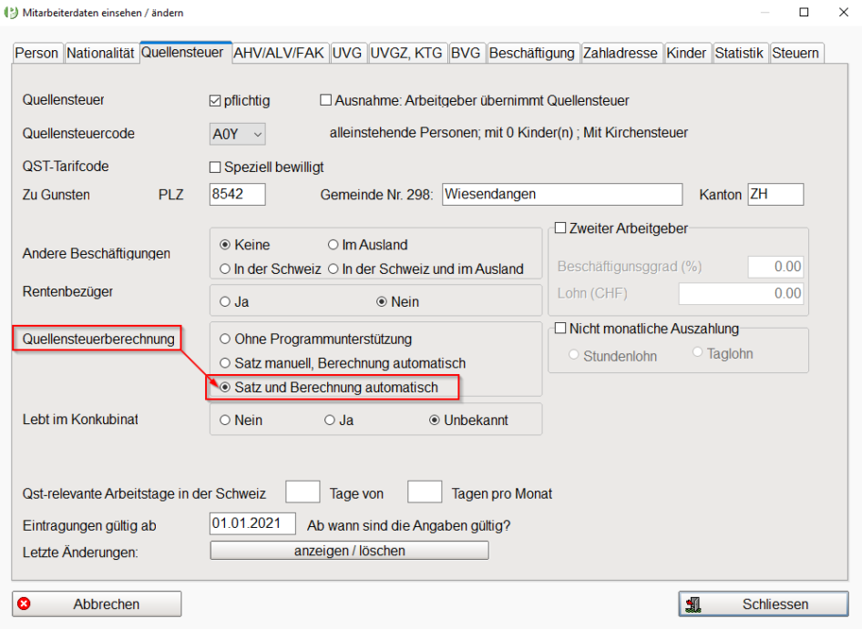 Empfohlene Einstellungen Stammdaten Personaldaten Quellensteuerberechnung automatisch