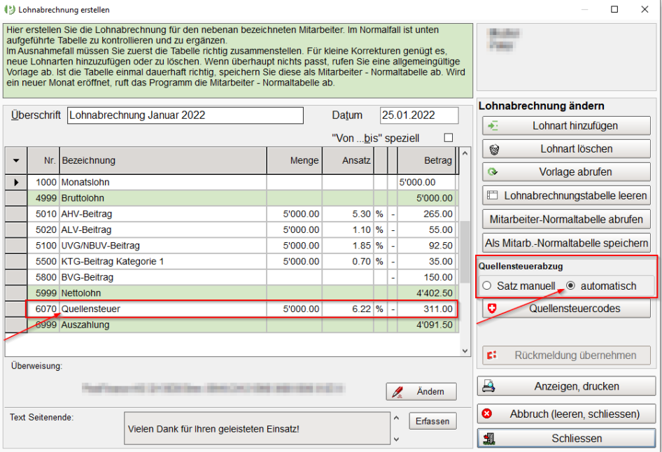 Lohnabrechnung mit Quellensteuer - Satz automatisch