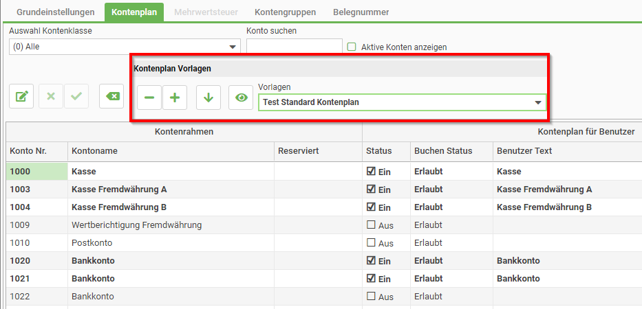 Kontenplan-Vorlagen Menü