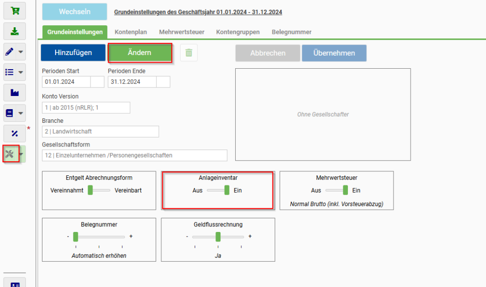 Das Anlageinventar muss in den Grundeinstellungen aktiviert werden.