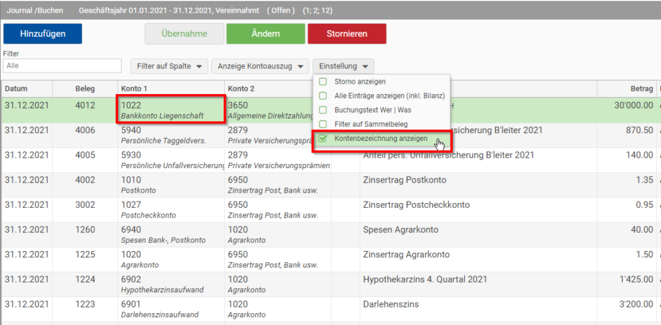 Kontenbezeichnung anzeigen