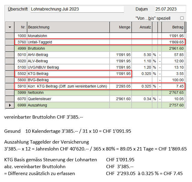 Auszahlung KTG-Taggelder - Korr. KTG-Beitrag (Diff. zum vereinbarten Lohn)