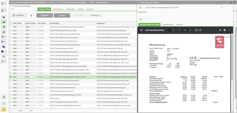Belegverwaltung - Register offen/eingang