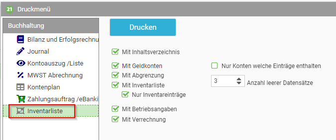 Druckmenü Inventarliste