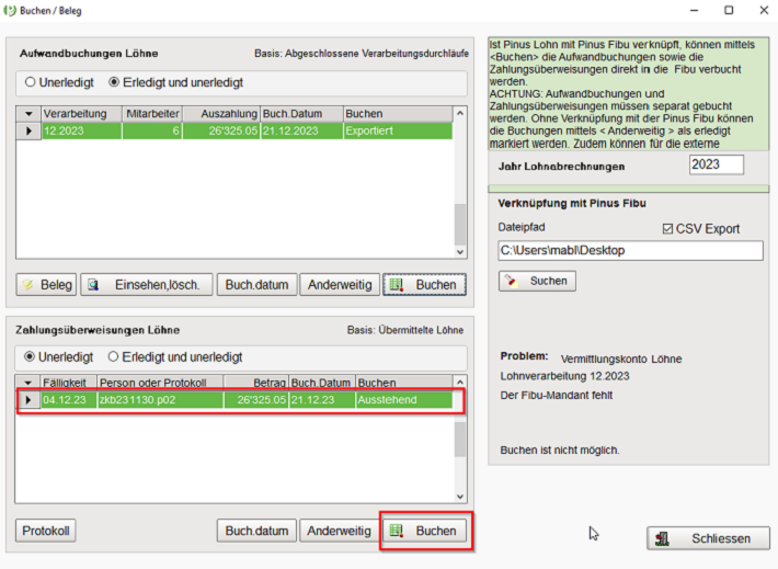 Auswahl Zahlungsbuchung für CSV Export