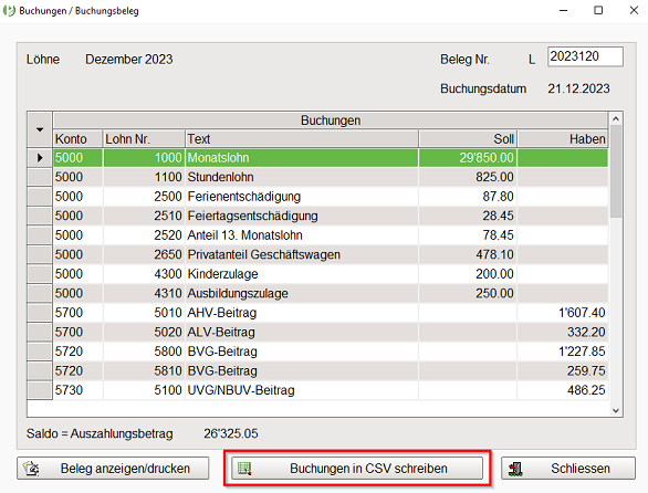 Buchungen in CSV schreiben