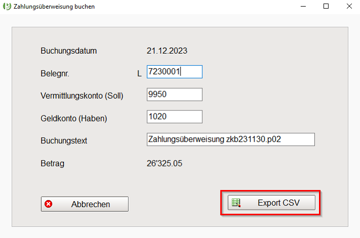 Export CSV Zahlungsbuchung