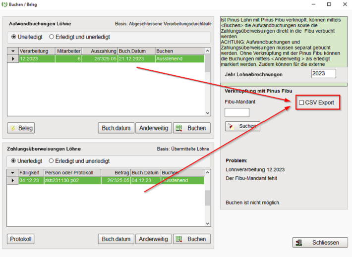 Auswahl CSV Export